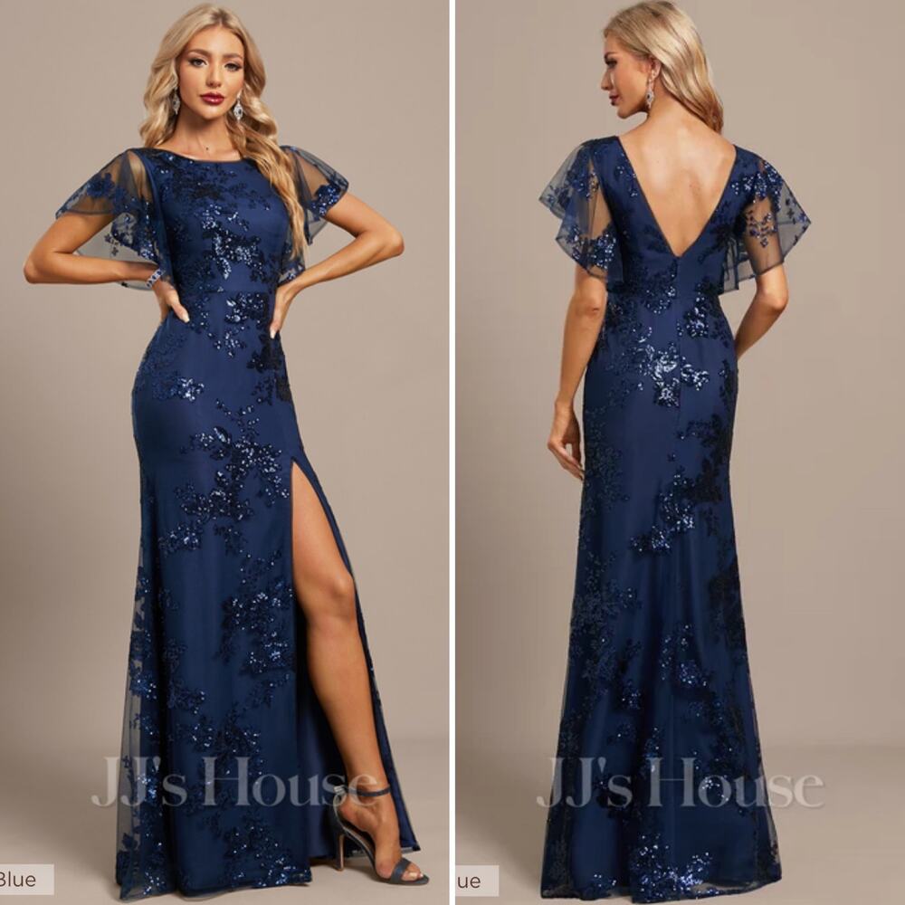 Marchesa Bridesmaid Sequin Gown Navy Blue Floral‎ Flutter Sleeve Side Slit Sz 6